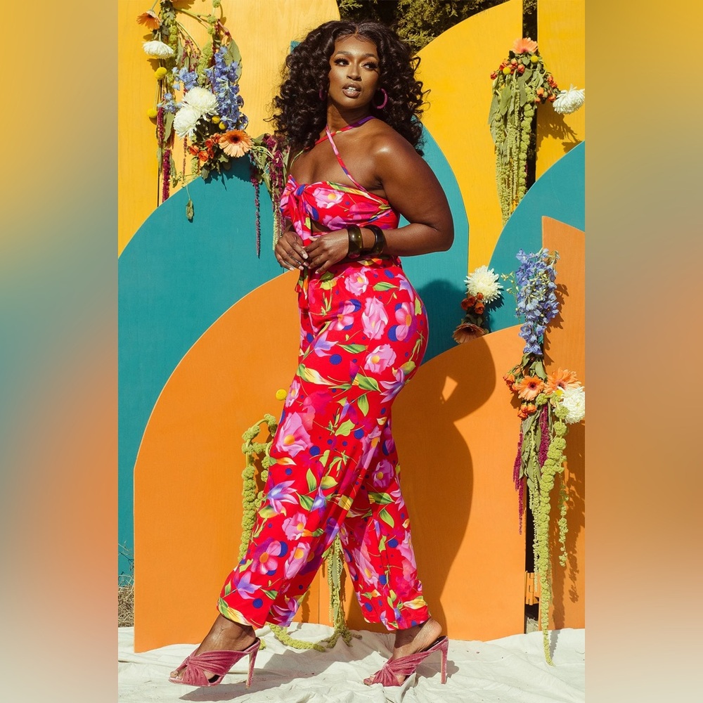 Rebdolls "Flower Bomb" Floral Front Tie Crop Top  and Wide Leg Pants Set